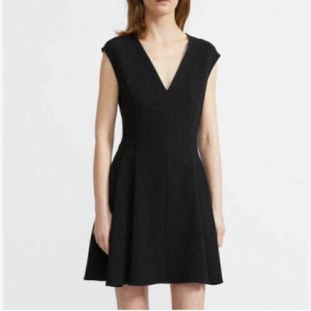 Theory Black Cap Sleeve Deep V Neck Dress, NWT